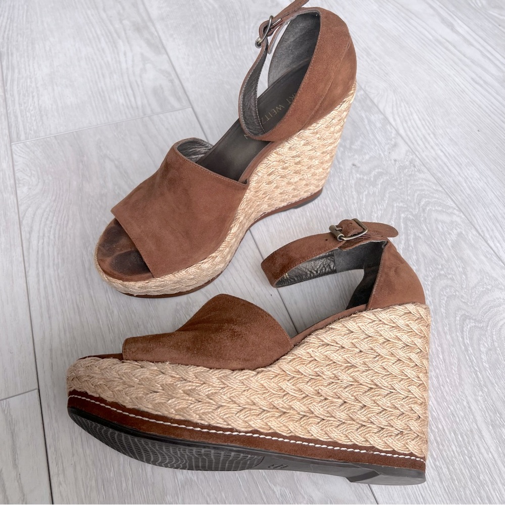 Stuart Weitzman Soho Walnut Suede Espadrille Wedge Sandal